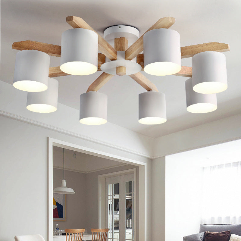 White Iron Semi Flush Mount in Modern Concise Style Wooden Sputnik Ceiling Light for Interior Spaces