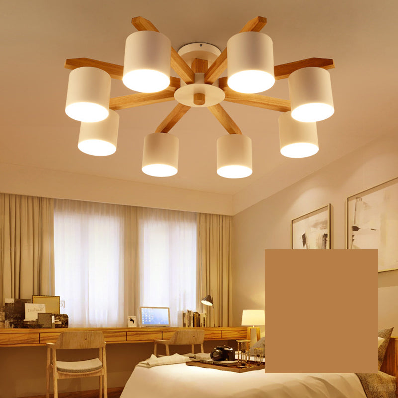 White Iron Semi Flush Mount in Modern Concise Style Wooden Sputnik Ceiling Light for Interior Spaces