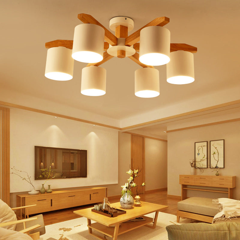 White Iron Semi Flush Mount in Modern Concise Style Wooden Sputnik Ceiling Light for Interior Spaces