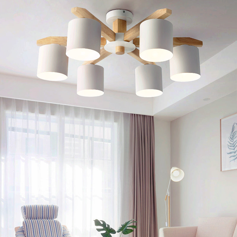 Moderne kurze Makkaron Semi Flush Mount Holz Sputnik Deckenleuchte mit Schmiedeeisenschatten