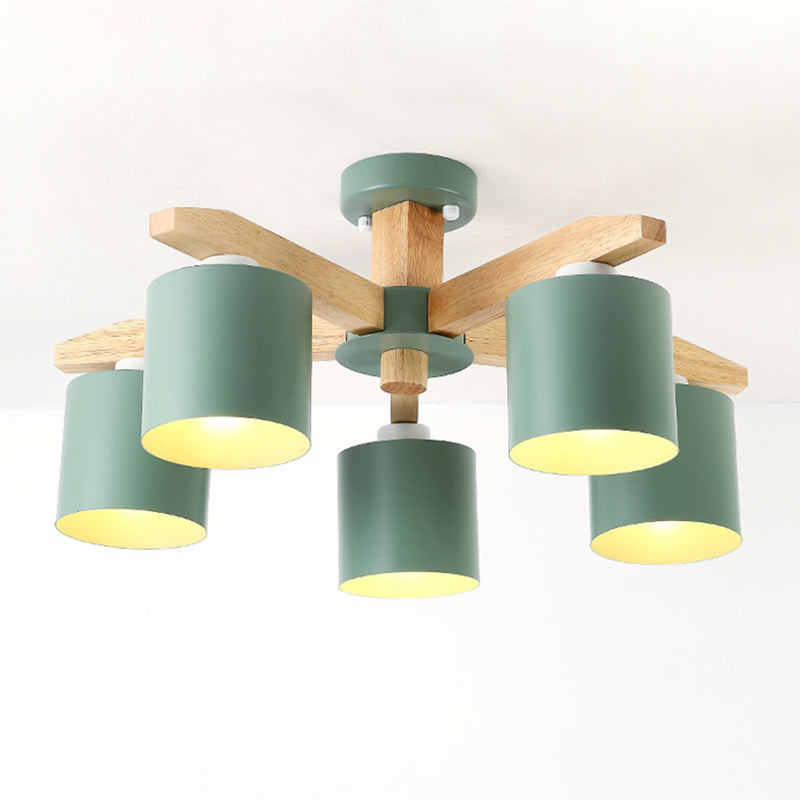 Modern beknopte macaron semi -flush mount houten sputnik plafondlicht met smeedijzeren schaduw