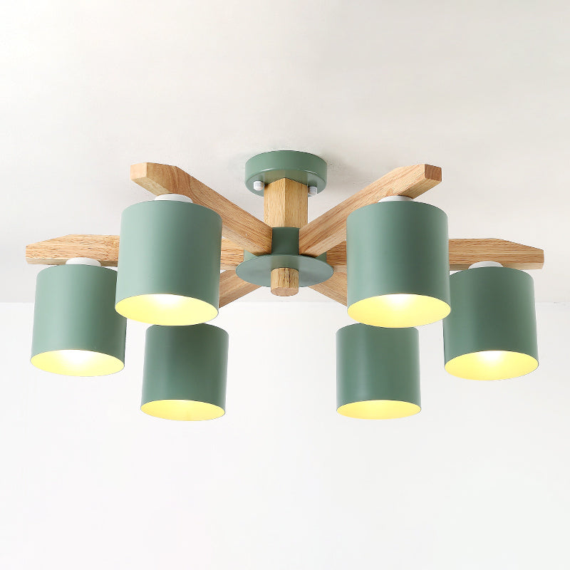 Modern Concise Macaron Semi Flush Mount Wooden Sputnik Ceiling Light with Wrought Iron Shade