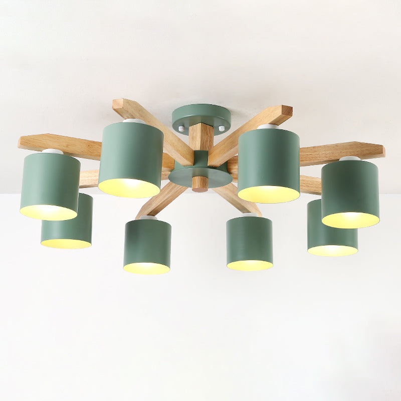 Moderne kurze Makkaron Semi Flush Mount Holz Sputnik Deckenleuchte mit Schmiedeeisenschatten