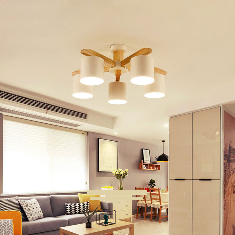 Moderne kurze Makkaron Semi Flush Mount Holz Sputnik Deckenleuchte mit Schmiedeeisenschatten