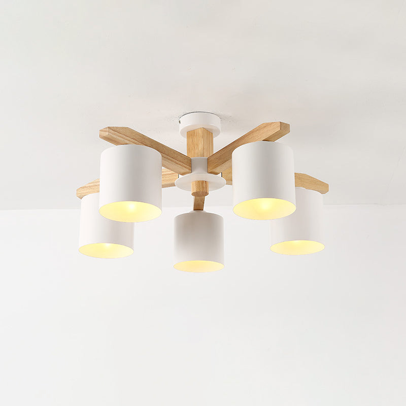 Modern beknopte macaron semi -flush mount houten sputnik plafondlicht met smeedijzeren schaduw