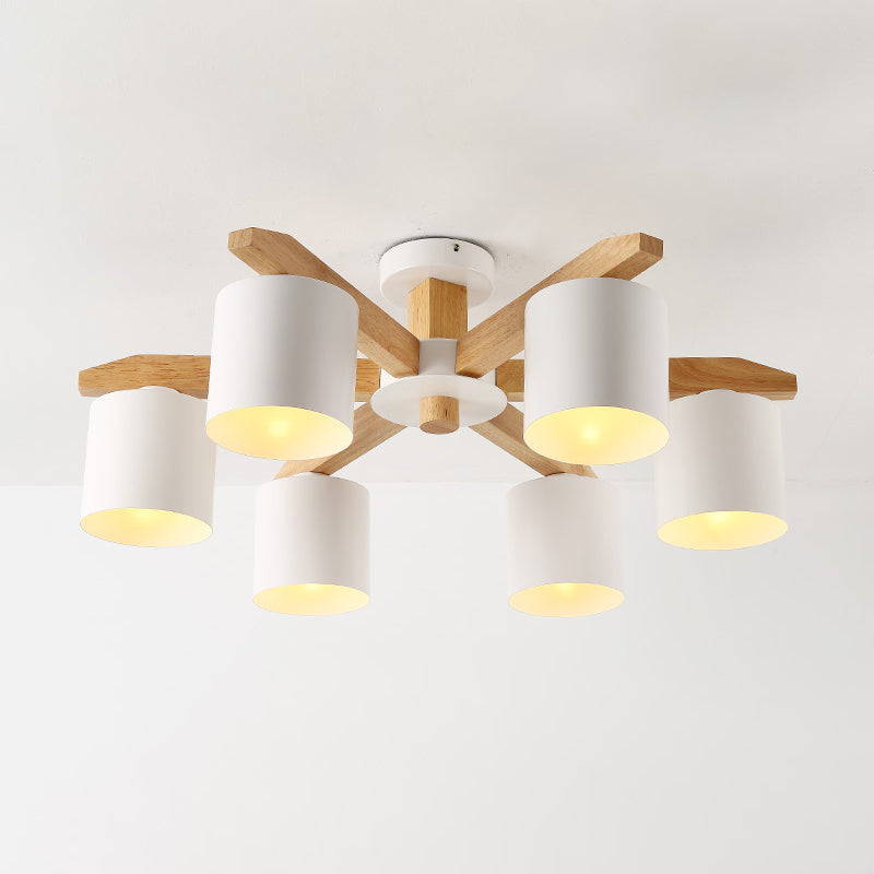 Modern beknopte macaron semi -flush mount houten sputnik plafondlicht met smeedijzeren schaduw