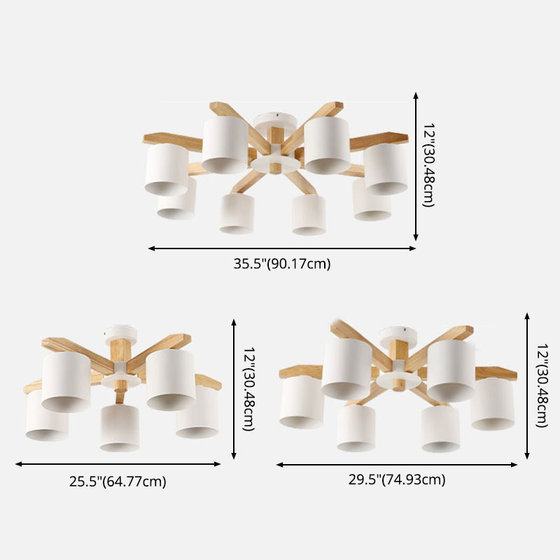 Moderne kurze Makkaron Semi Flush Mount Holz Sputnik Deckenleuchte mit Schmiedeeisenschatten