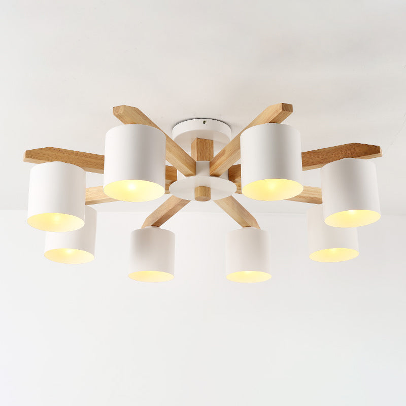 Modern beknopte macaron semi -flush mount houten sputnik plafondlicht met smeedijzeren schaduw