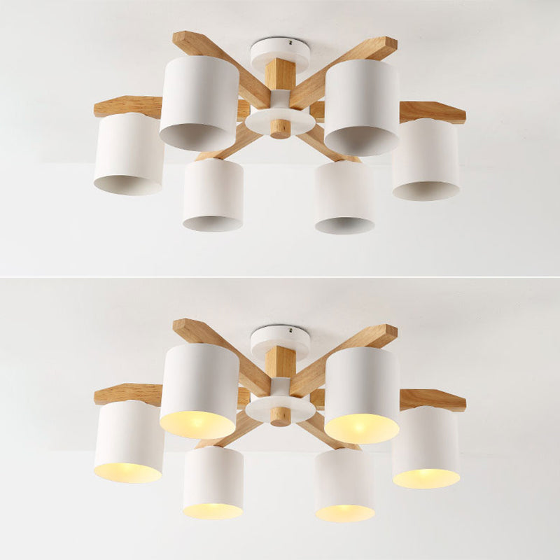 Moderne kurze Makkaron Semi Flush Mount Holz Sputnik Deckenleuchte mit Schmiedeeisenschatten