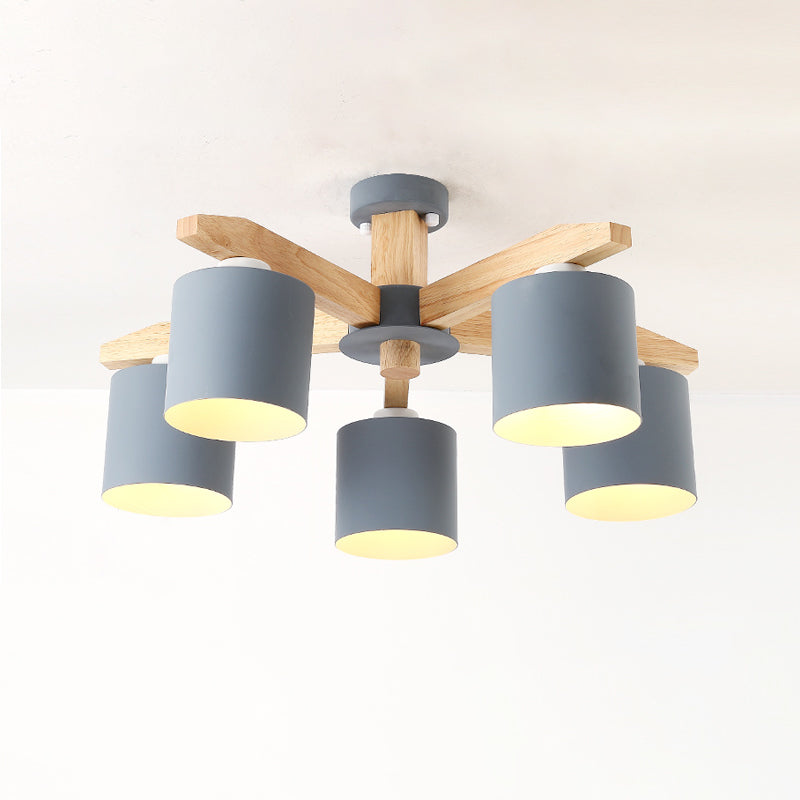 Moderne kurze Makkaron Semi Flush Mount Holz Sputnik Deckenleuchte mit Schmiedeeisenschatten