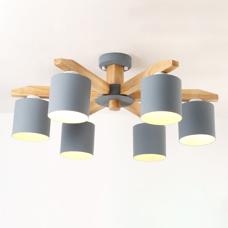 Moderne kurze Makkaron Semi Flush Mount Holz Sputnik Deckenleuchte mit Schmiedeeisenschatten