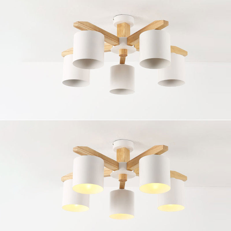 Moderne kurze Makkaron Semi Flush Mount Holz Sputnik Deckenleuchte mit Schmiedeeisenschatten