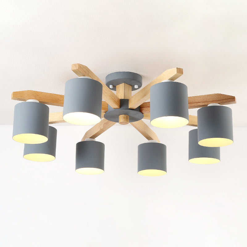 Moderne kurze Makkaron Semi Flush Mount Holz Sputnik Deckenleuchte mit Schmiedeeisenschatten