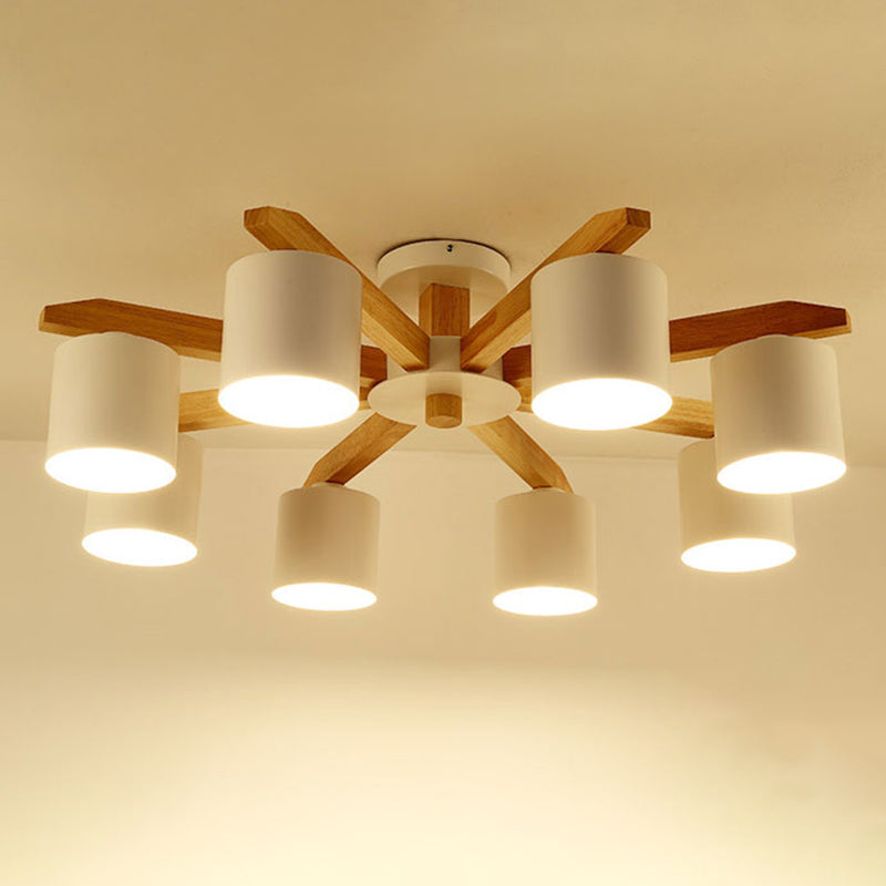 Moderne kurze Makkaron Semi Flush Mount Holz Sputnik Deckenleuchte mit Schmiedeeisenschatten