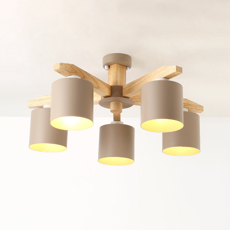 Moderne kurze Makkaron Semi Flush Mount Holz Sputnik Deckenleuchte mit Schmiedeeisenschatten