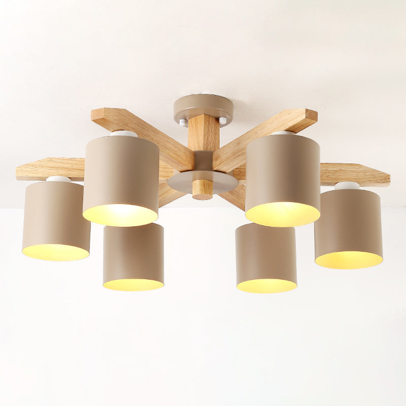 Moderne kurze Makkaron Semi Flush Mount Holz Sputnik Deckenleuchte mit Schmiedeeisenschatten