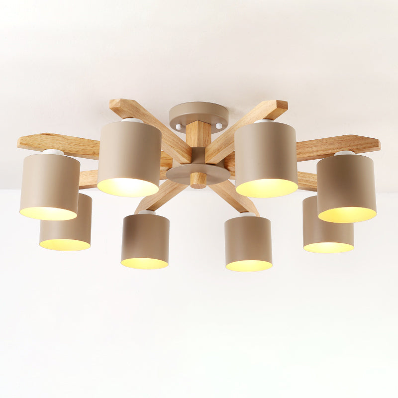 Modern beknopte macaron semi -flush mount houten sputnik plafondlicht met smeedijzeren schaduw