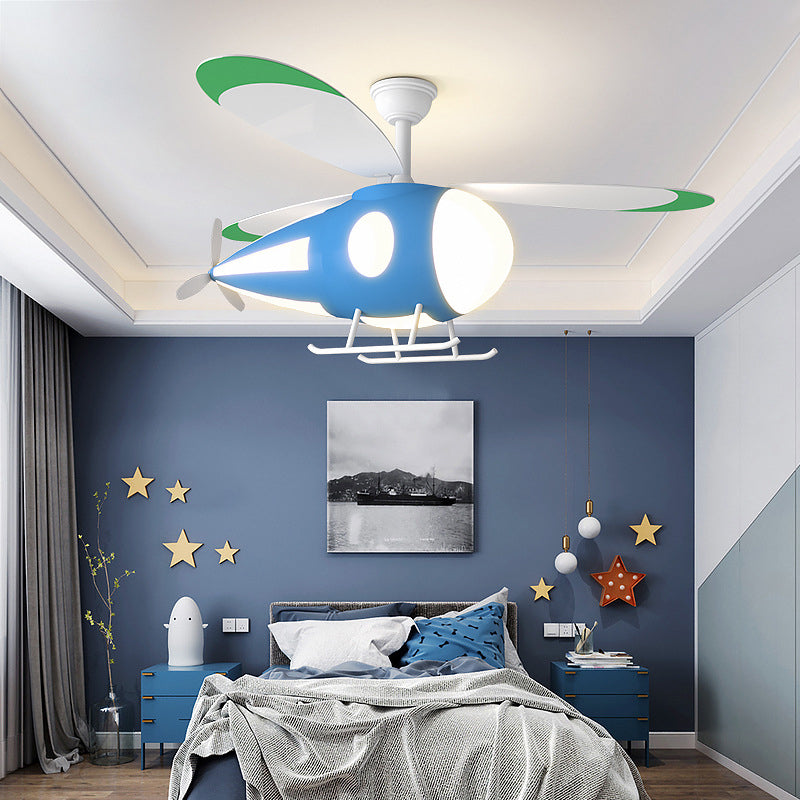 Metal Airplane Shaped Hanging Fan Light Cartoon LED Semi Flush Mount Lamp for Childrens Bedroom