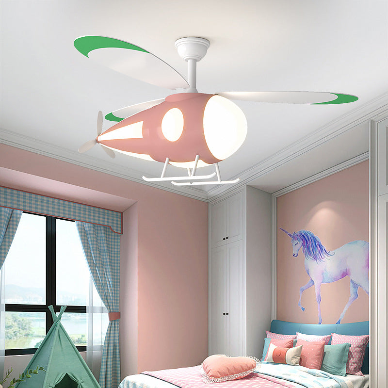 Metal Airplane Shaped Hanging Fan Light Cartoon LED Semi Flush Mount Lamp for Childrens Bedroom