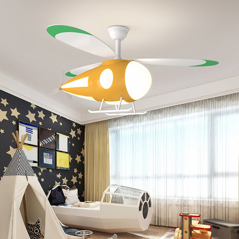 Metal Airplane Shaped Hanging Fan Light Cartoon LED Semi Flush Mount Lamp for Childrens Bedroom