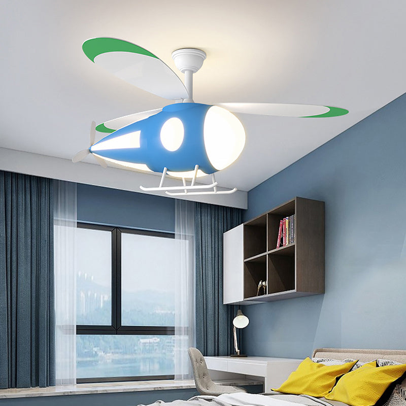 Metal Airplane Shaped Hanging Fan Light Cartoon LED Semi Flush Mount Lamp for Childrens Bedroom