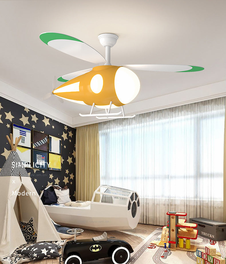 Metal Airplane Shaped Hanging Fan Light Cartoon LED Semi Flush Mount Lamp for Childrens Bedroom