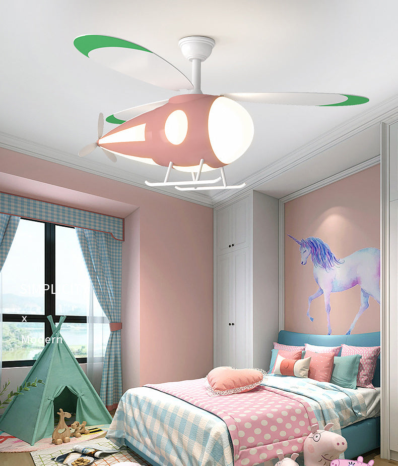 Metal Airplane Shaped Hanging Fan Light Cartoon LED Semi Flush Mount Lamp for Childrens Bedroom