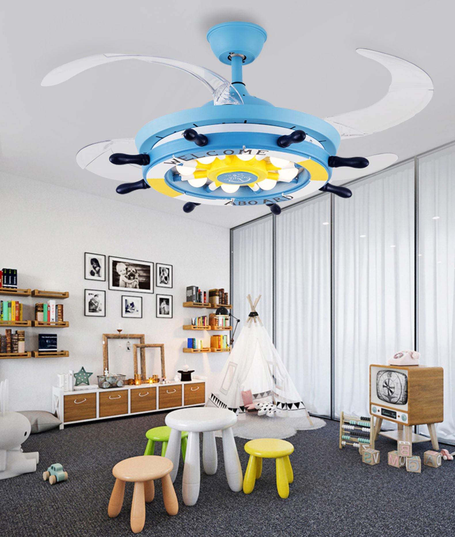 Control remoto Rudder Semi Flush Monte Mediterráneo Metal para niños Dormitorio Led Ventilador Luz