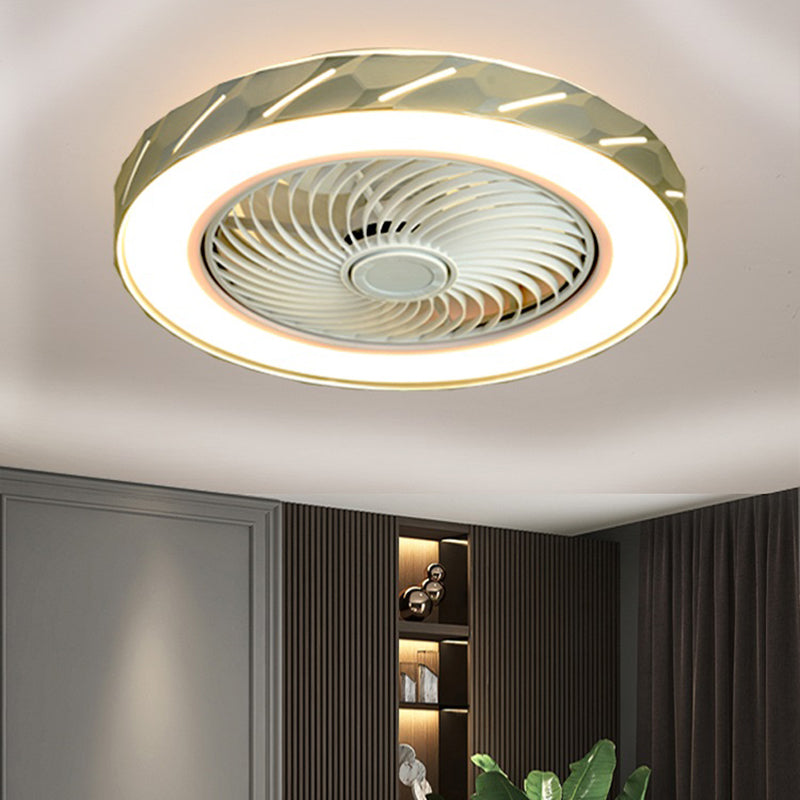 Minimalism Drum Shaped Flush Mount Ceiling Fan Metal Dining Room LED Semi Flush Light