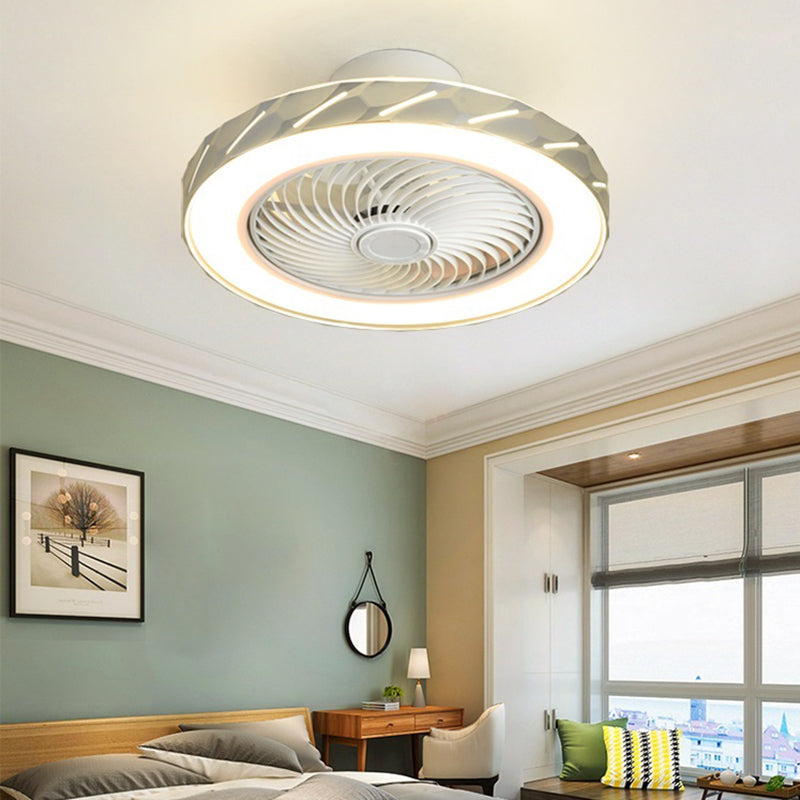 Minimalism Drum Shaped Flush Mount Ceiling Fan Metal Dining Room LED Semi Flush Light