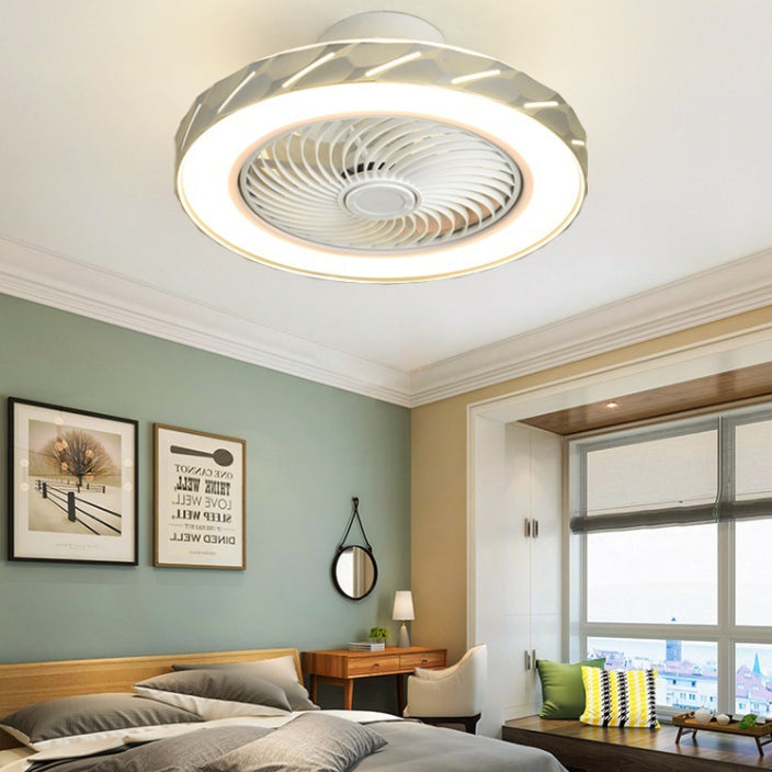 Minimalism Drum Shaped Flush Mount Ceiling Fan Metal Dining Room LED Semi Flush Light