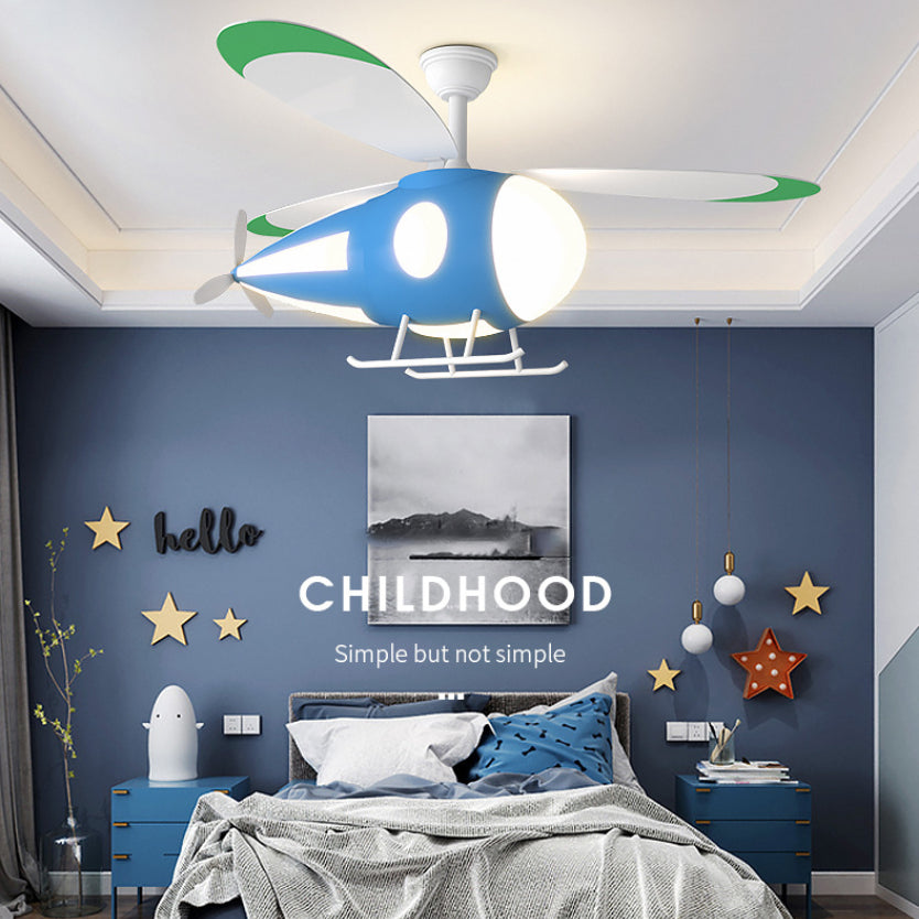 Metal Airplane Shaped Hanging Fan Light Cartoon LED Semi Flush Mount Lamp for Childrens Bedroom