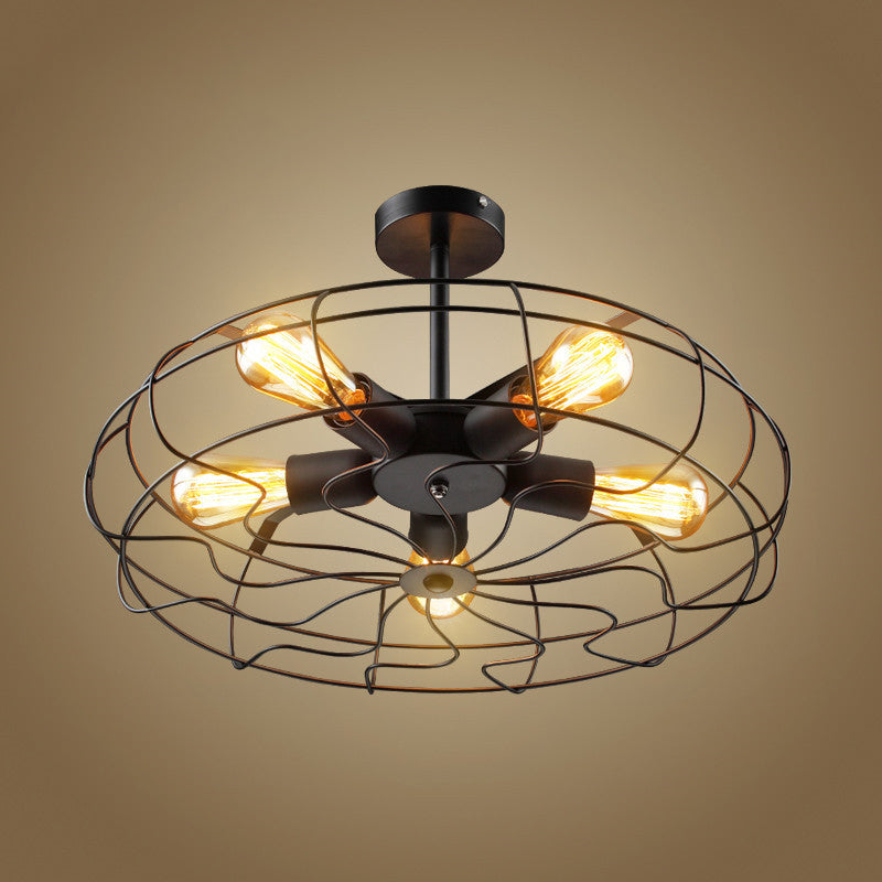 Industrial Vintage Frame Ceiling Light Wrought Iron 5-Light Semi Flush Mount for Coffee Shop