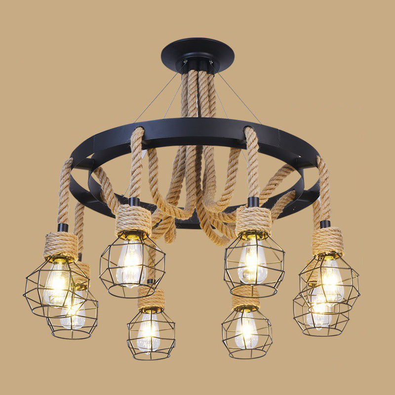 Cage Chandelier Light Fixture Industrial Rope Pendant Lighting for Restaurant