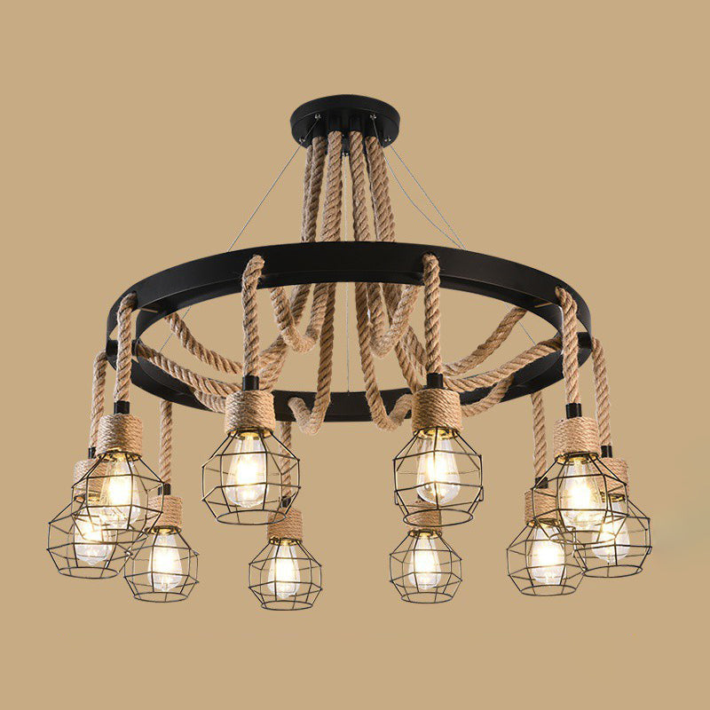 Cage Chandelier Light Fixture Industrial Rope Pendant Lighting for Restaurant