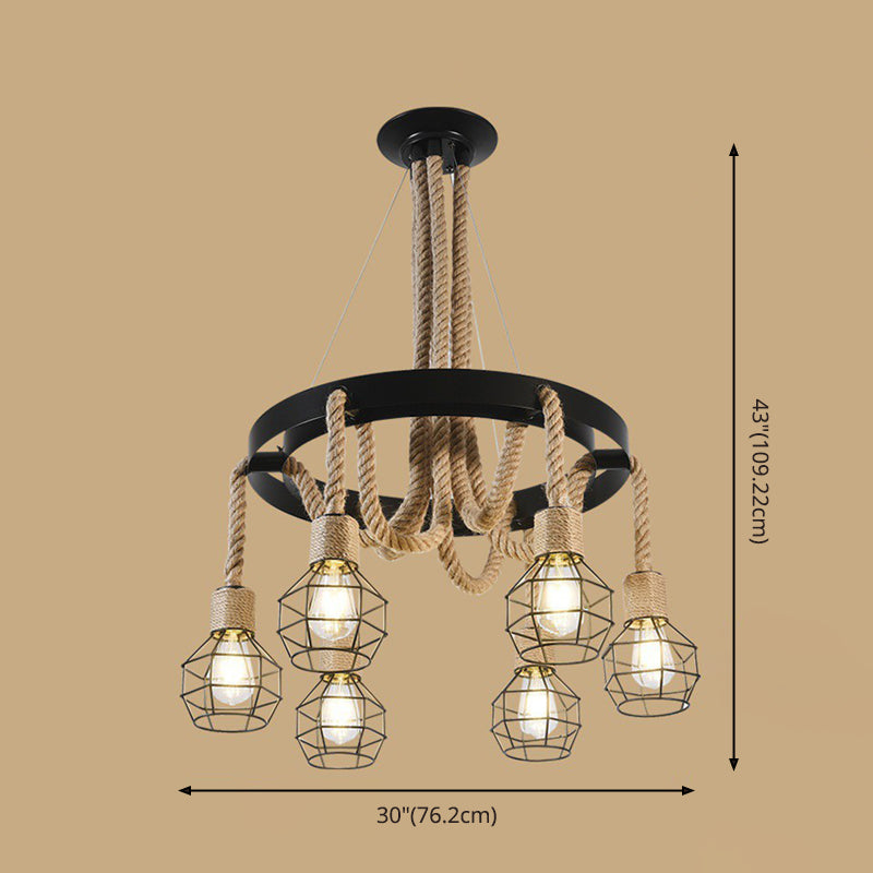 Cage Chandelier Light Fixture Industrial Rope Pendant Lighting for Restaurant