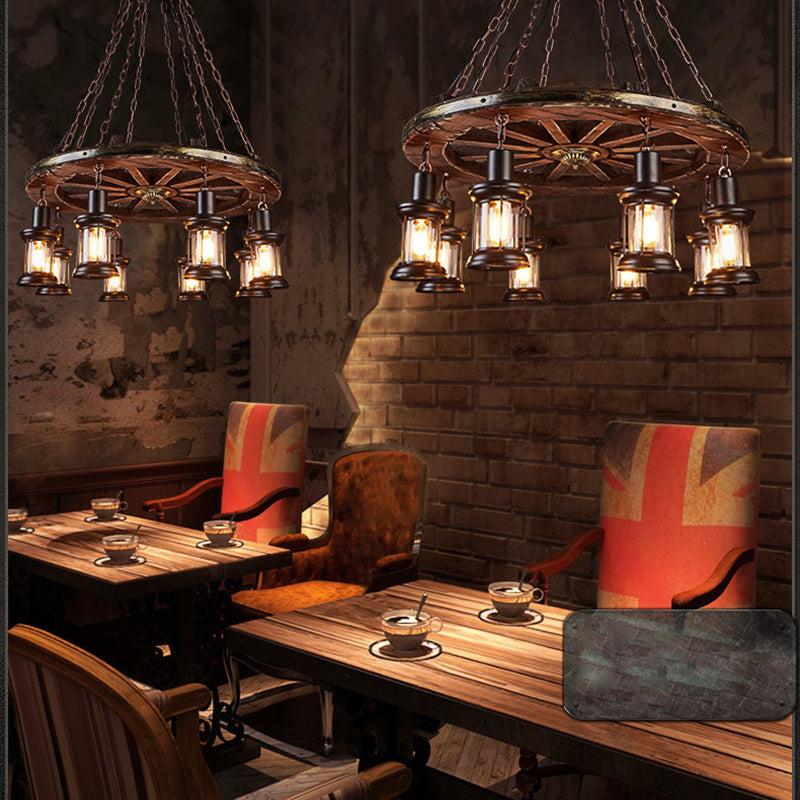 Retro Industrial Style Cylinder Chandelier Wood Pendant Ceiling Lights for Restaurant