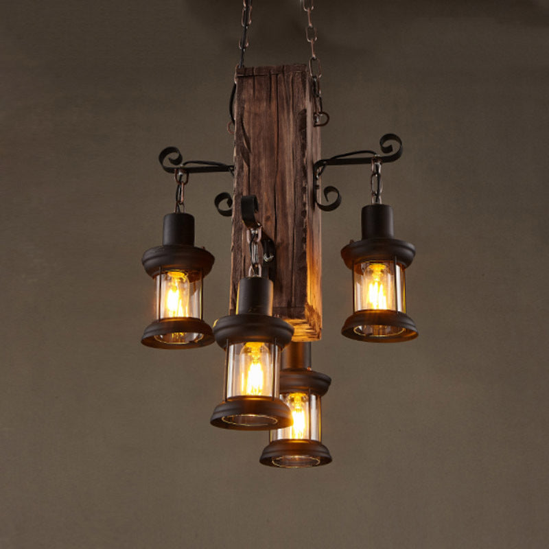 Retro Industrial Style Cylinder Chandelier Wood Pendant Ceiling Lights for Restaurant