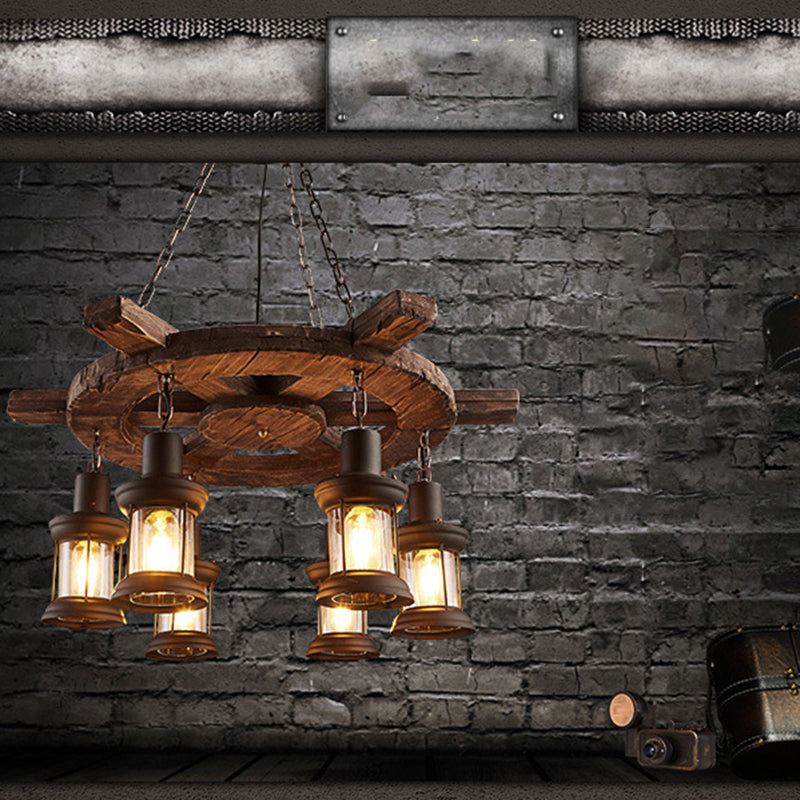 Retro Industrial Style Cylinder Chandelier Wood Pendant Ceiling Lights for Restaurant