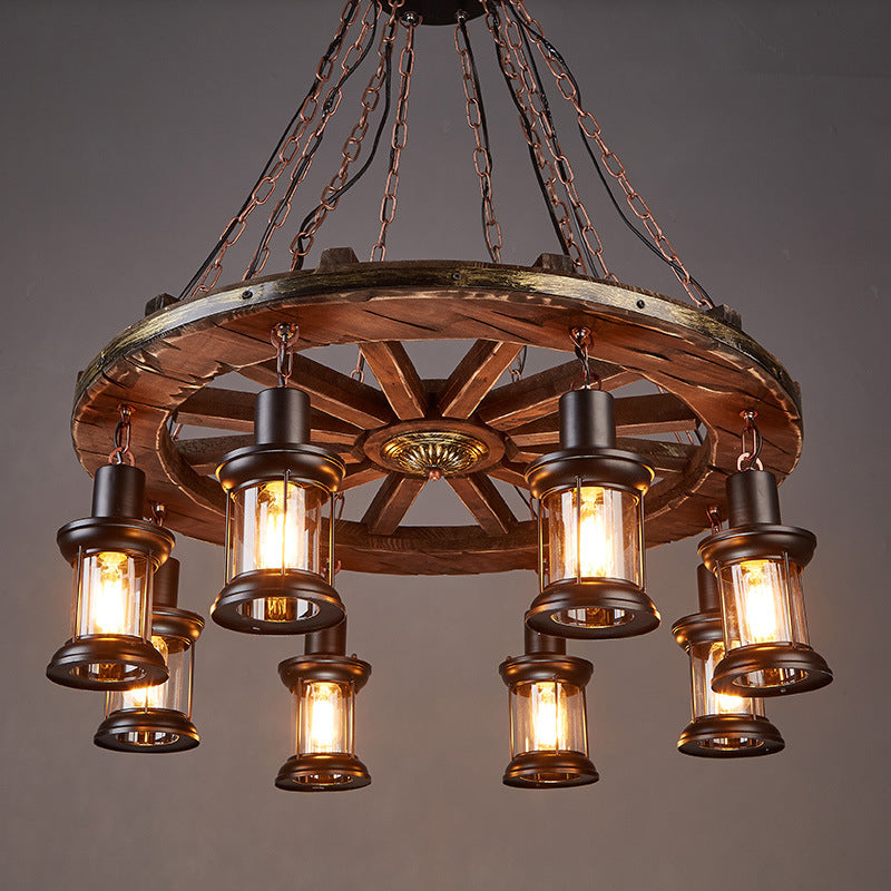 Retro Industrial Style Cylinder Chandelier Wood Pendant Ceiling Lights for Restaurant