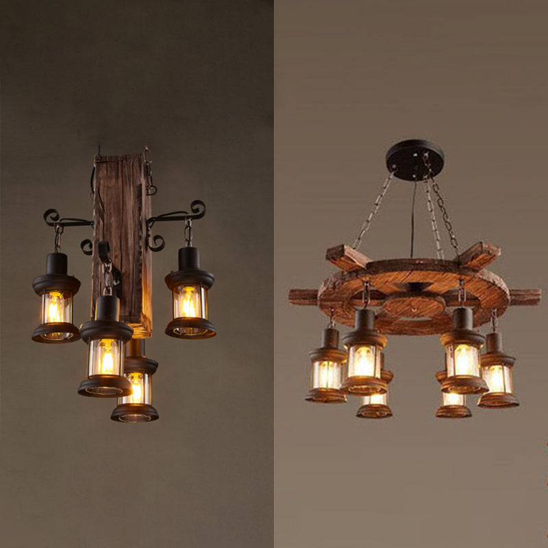 Retro Industrial Style Cylinder Chandelier Wood Pendant Ceiling Lights for Restaurant