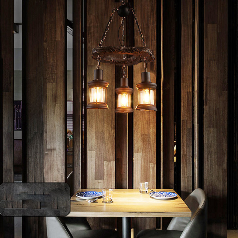 Retro Industrial Style Cylinder Chandelier Wood Pendant Ceiling Lights for Restaurant