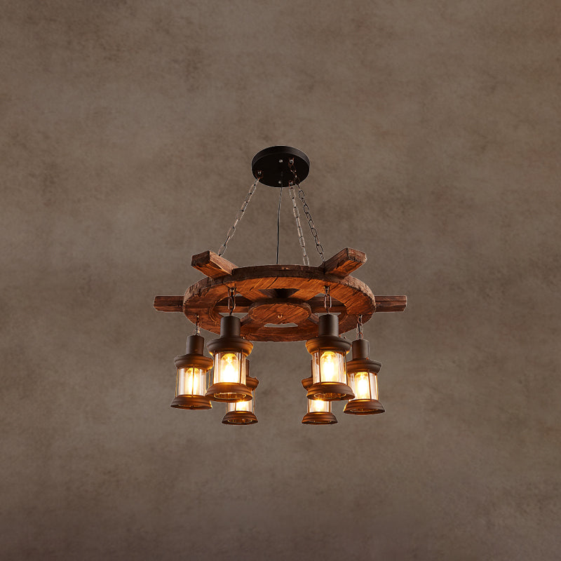 Retro Industrial Style Cylinder Chandelier Wood Pendant Ceiling Lights for Restaurant