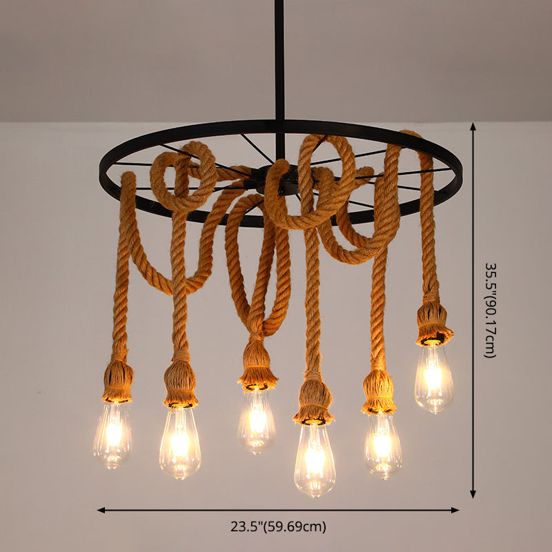 Bare Bulb Chandelier Light Fixture Industrial Rope Pendant Lighting for Restaurant (Without Plants)