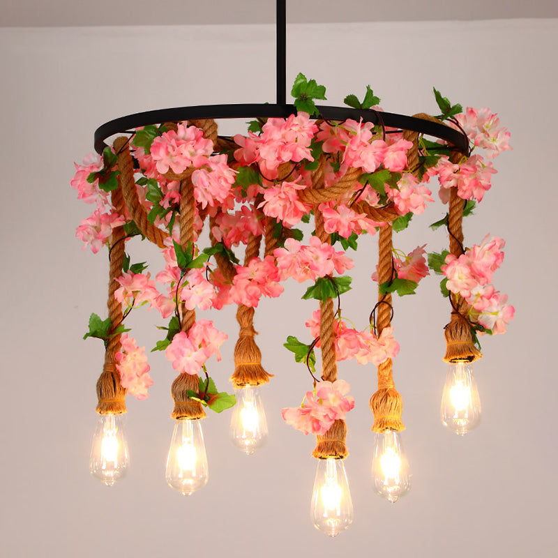 Bare Bulb Chandelier Light Fixture Industrial Rope Pendant Lighting for Restaurant (Without Plants)