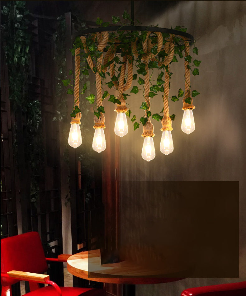 Bare Bulb Chandelier Light Fixture Industrial Rope Pendant Lighting for Restaurant (Without Plants)