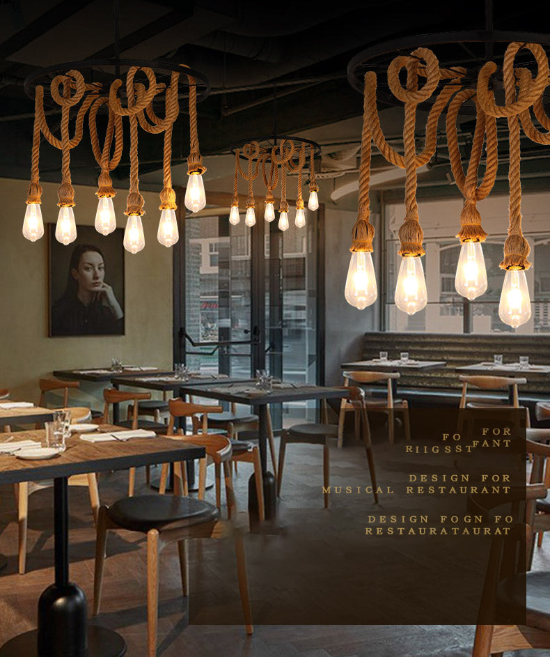 Bare Bulb Chandelier Light Fixture Industrial Rope Pendant Lighting for Restaurant (Without Plants)