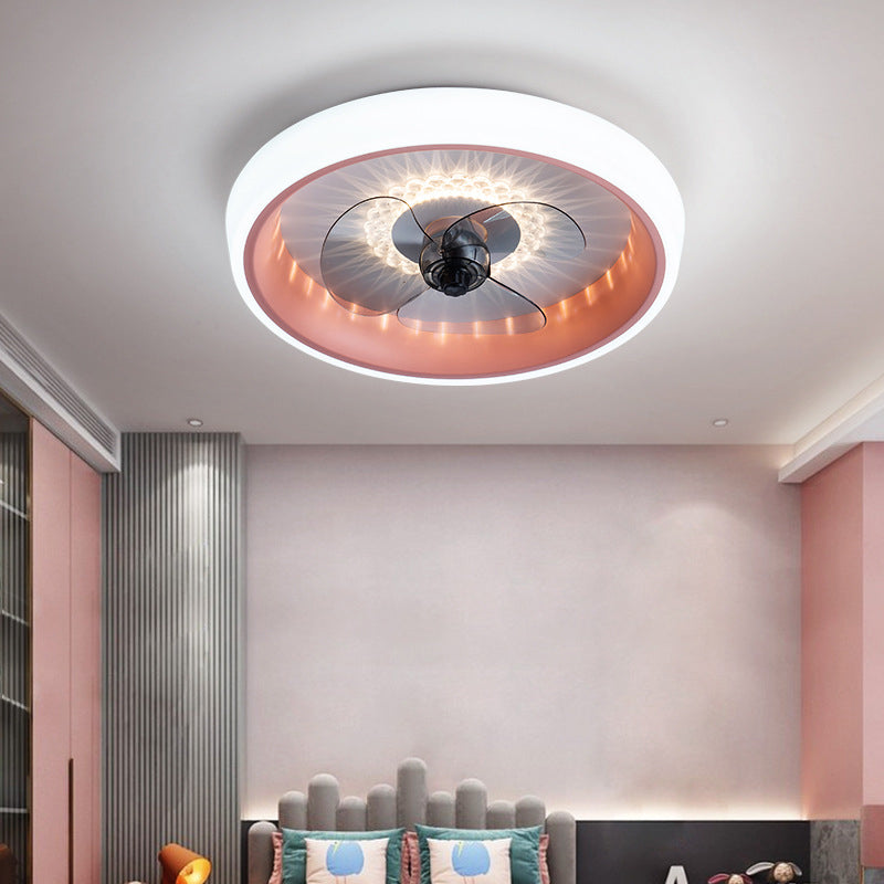 Remote Control Macaron Style Round Fan Lighting Acrylic Bedroom LED Semi Flush Ceiling Light