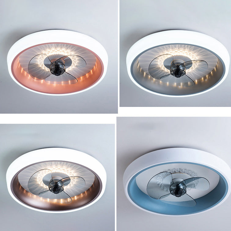 Remote Control Macaron Style Round Fan Lighting Acrylic Bedroom LED Semi Flush Ceiling Light