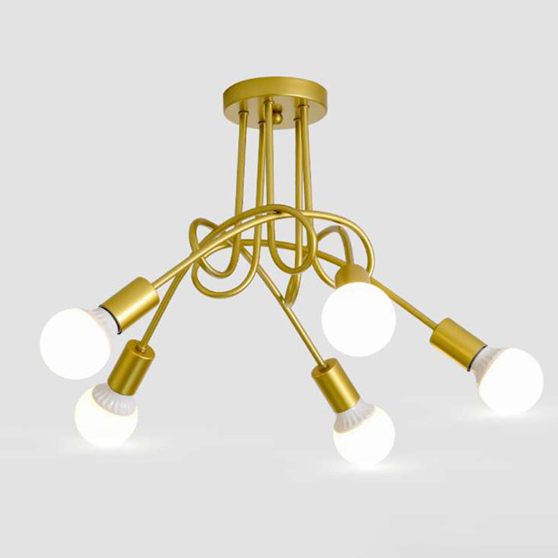 Métal Semi Flush Mount Chandelier Minimaliste exposé Ampoule Salon Semi-luminaire